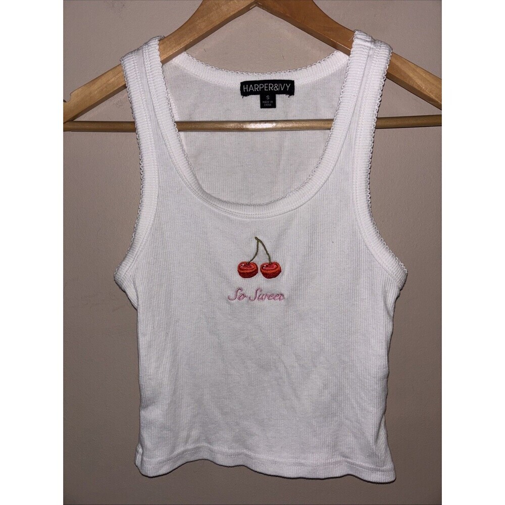 Harper & Ivy Women’s Small White Cherry Baby Tee Tank Top “So Sweet” Cute